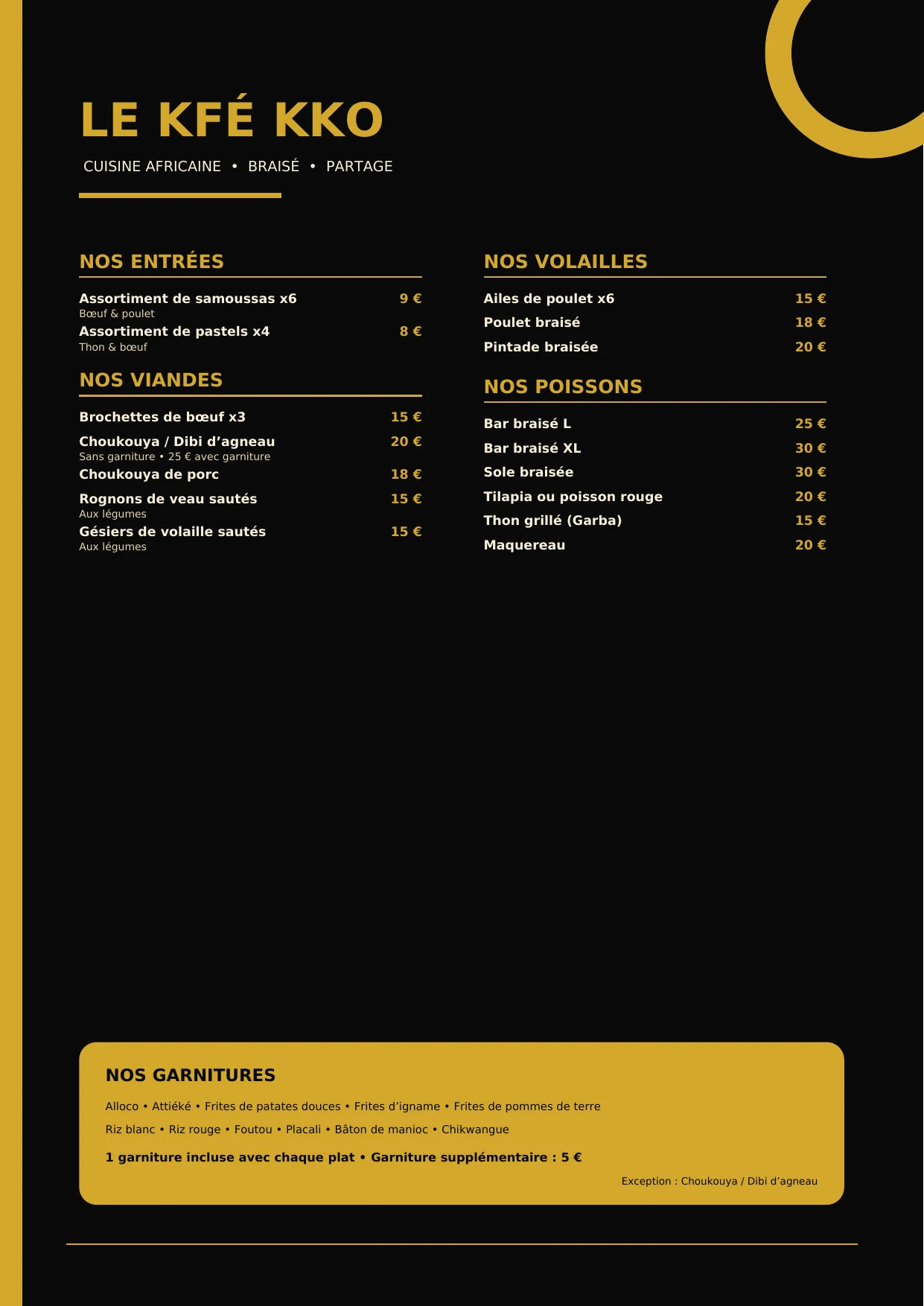 Carte Kfé-Kko page 1 : entrées, viandes, volailles, poissons et garnitures