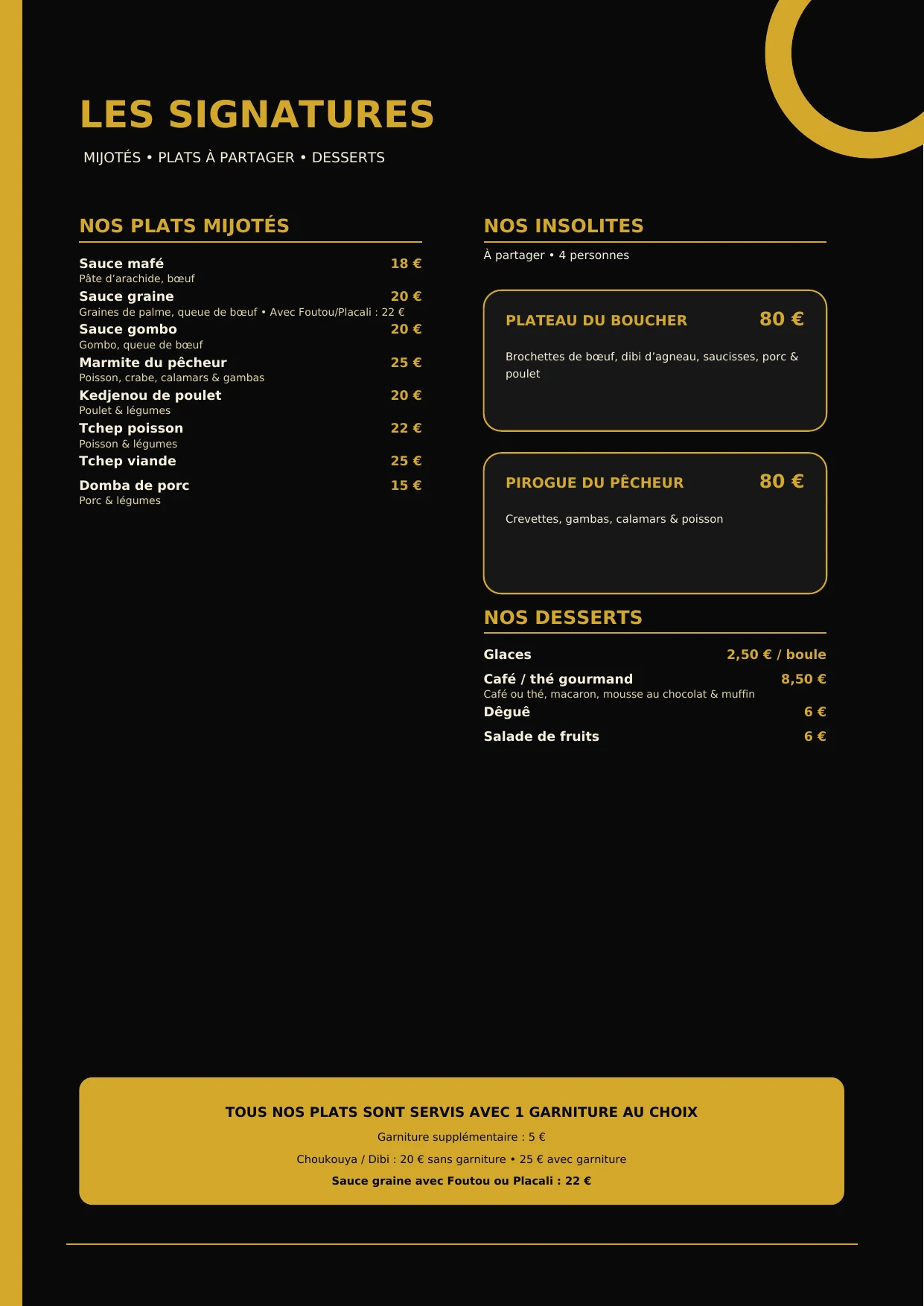 Carte Kfé-Kko page 2 : plats mijotés, plats à partager et desserts